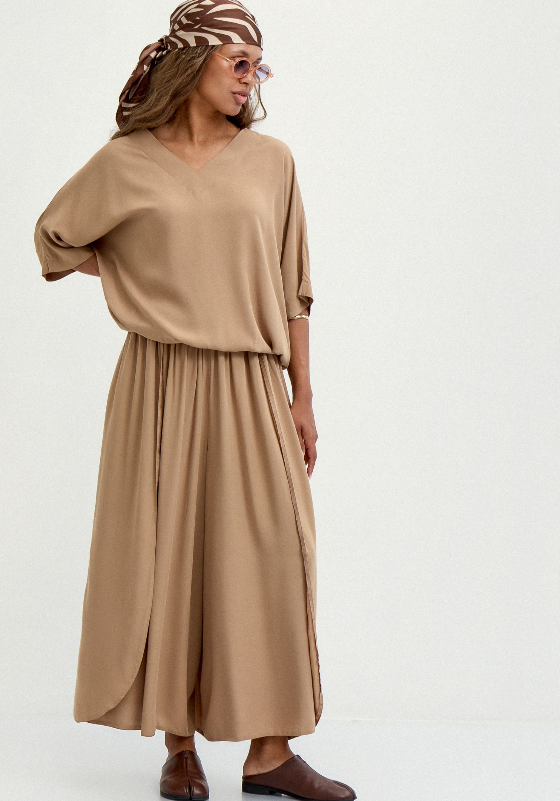 

Юбка-брюки свободного кроя на резинке, Бежевый