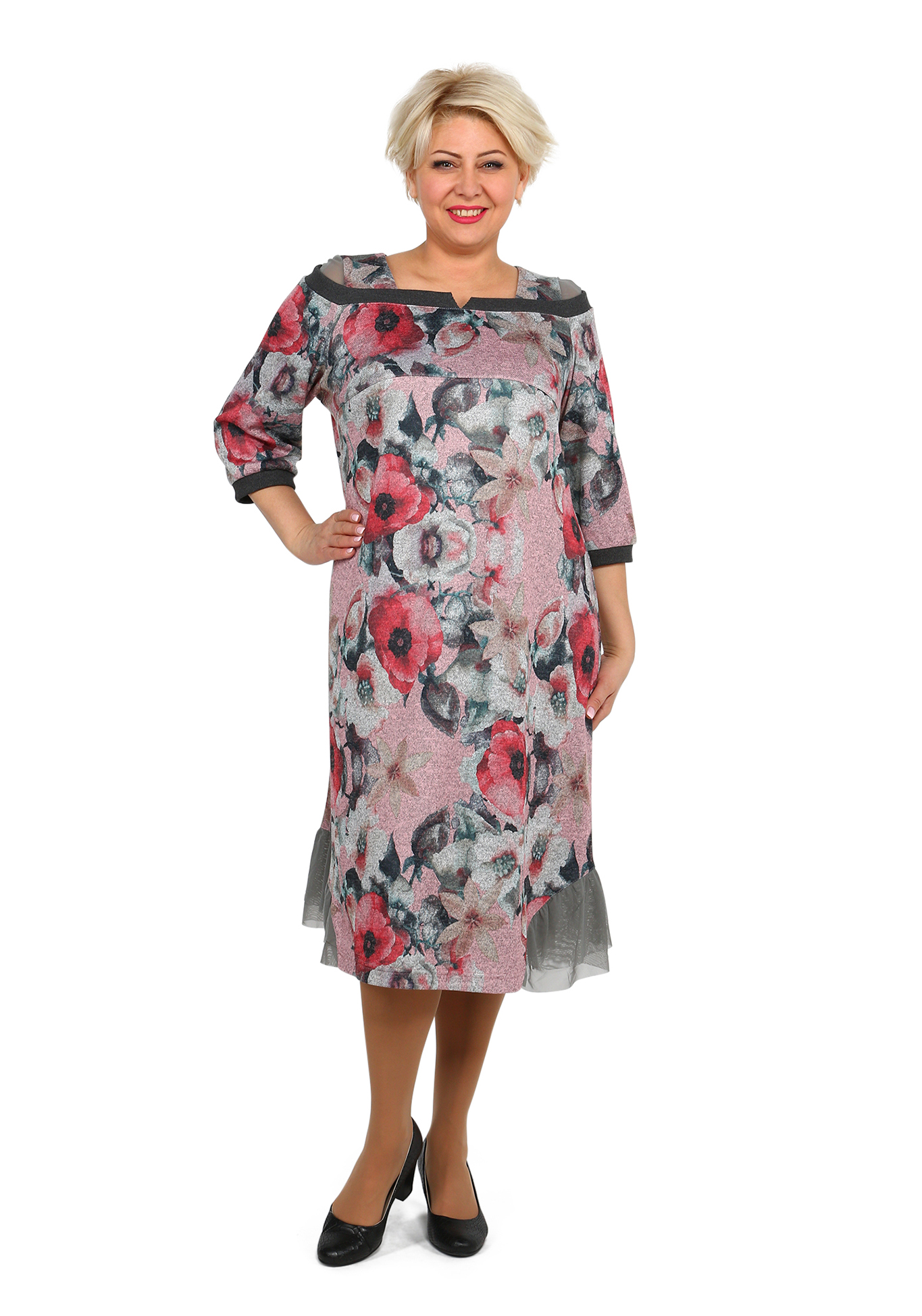 

Платье с рукавами 3/4 и цветочным принтом, Красно-розовый