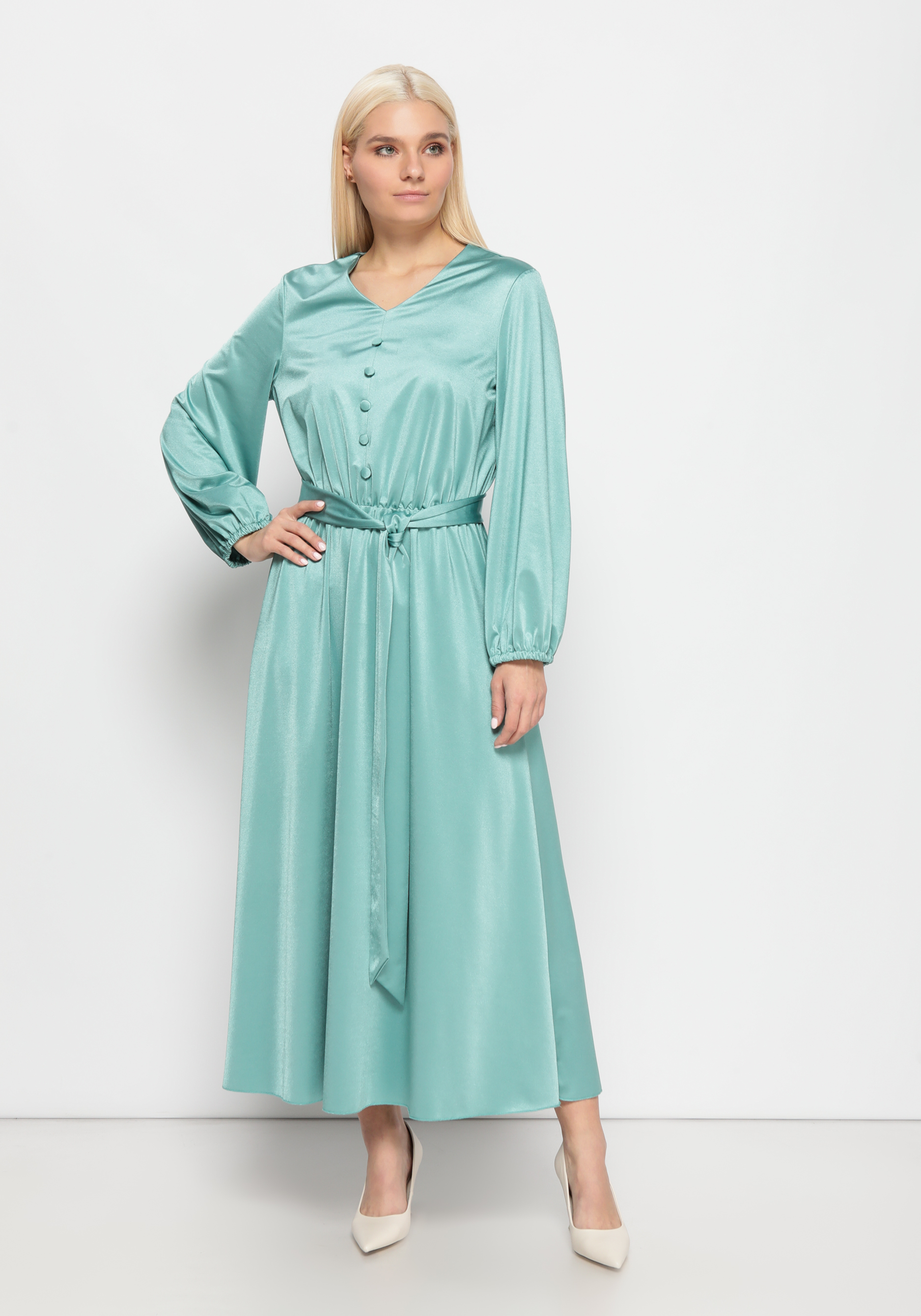 

Платье с резинкой на талии и поясом, Голубой