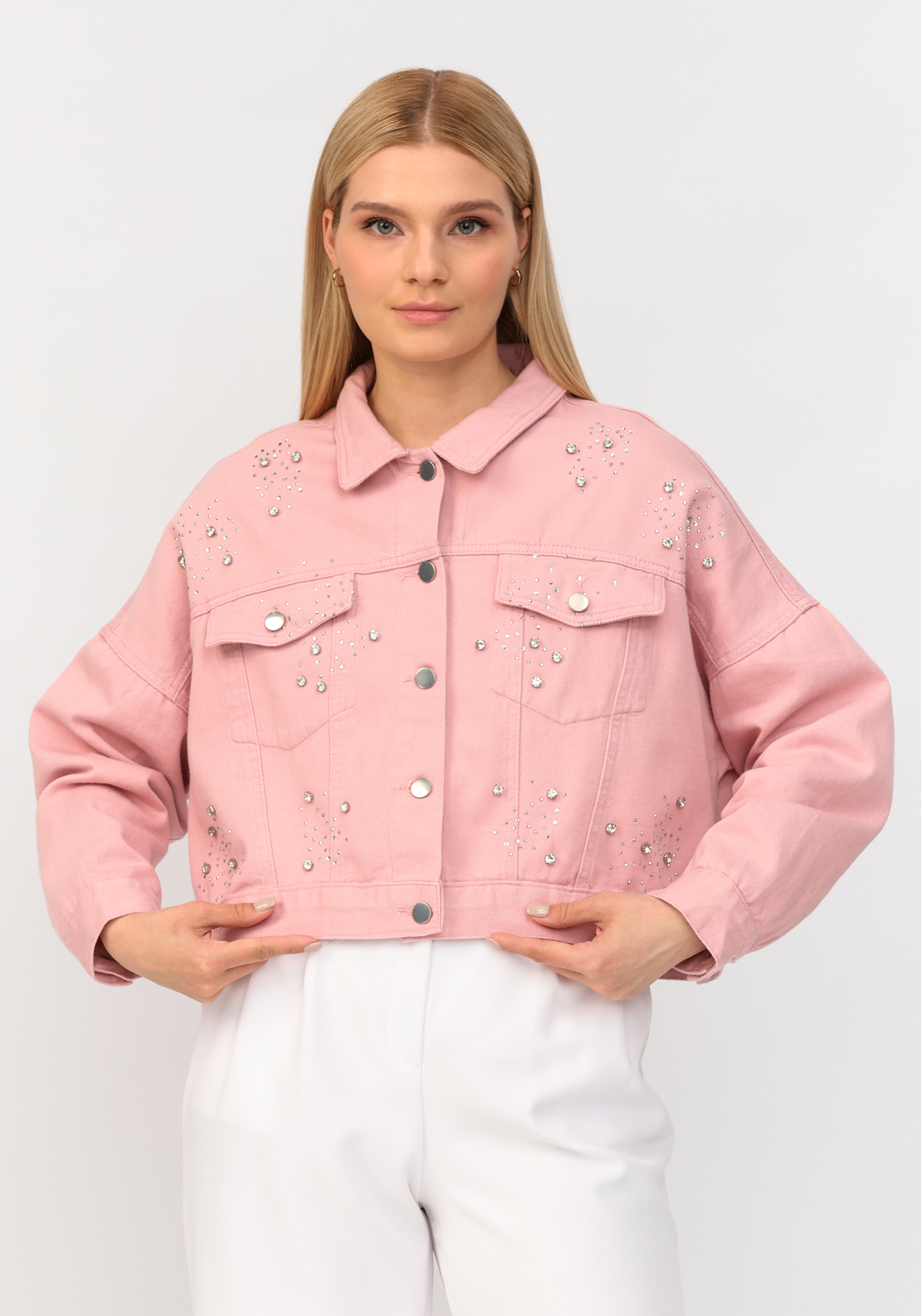 Джинсовая куртка со стразами No name, размер 52-54, цвет розовый