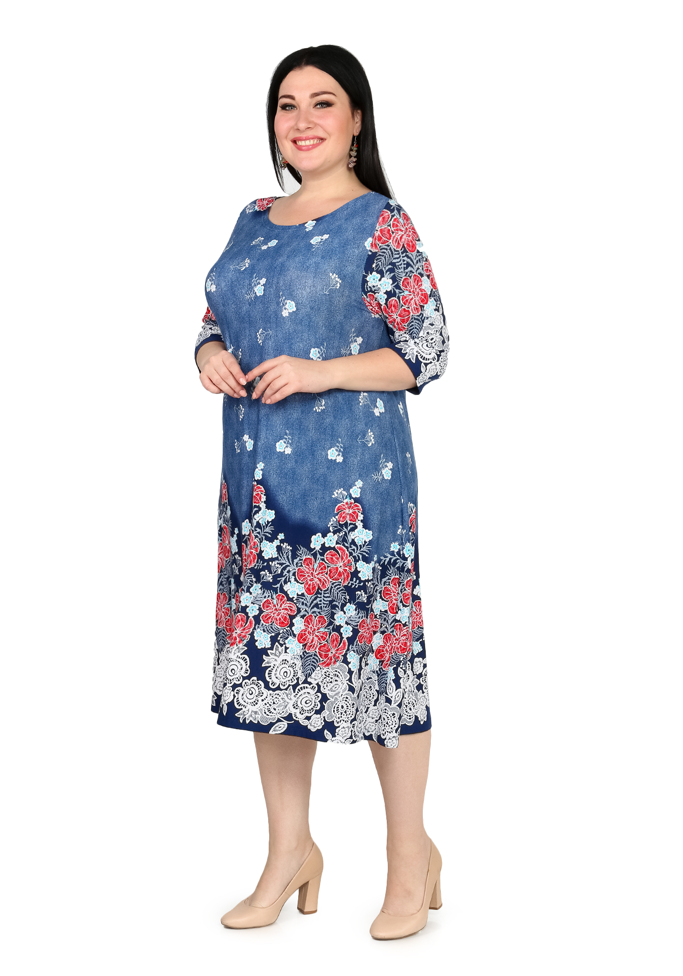 Платье с рисунком расклешённого кроя Синель, размер 50, цвет сине-бирюзовый - фото 3