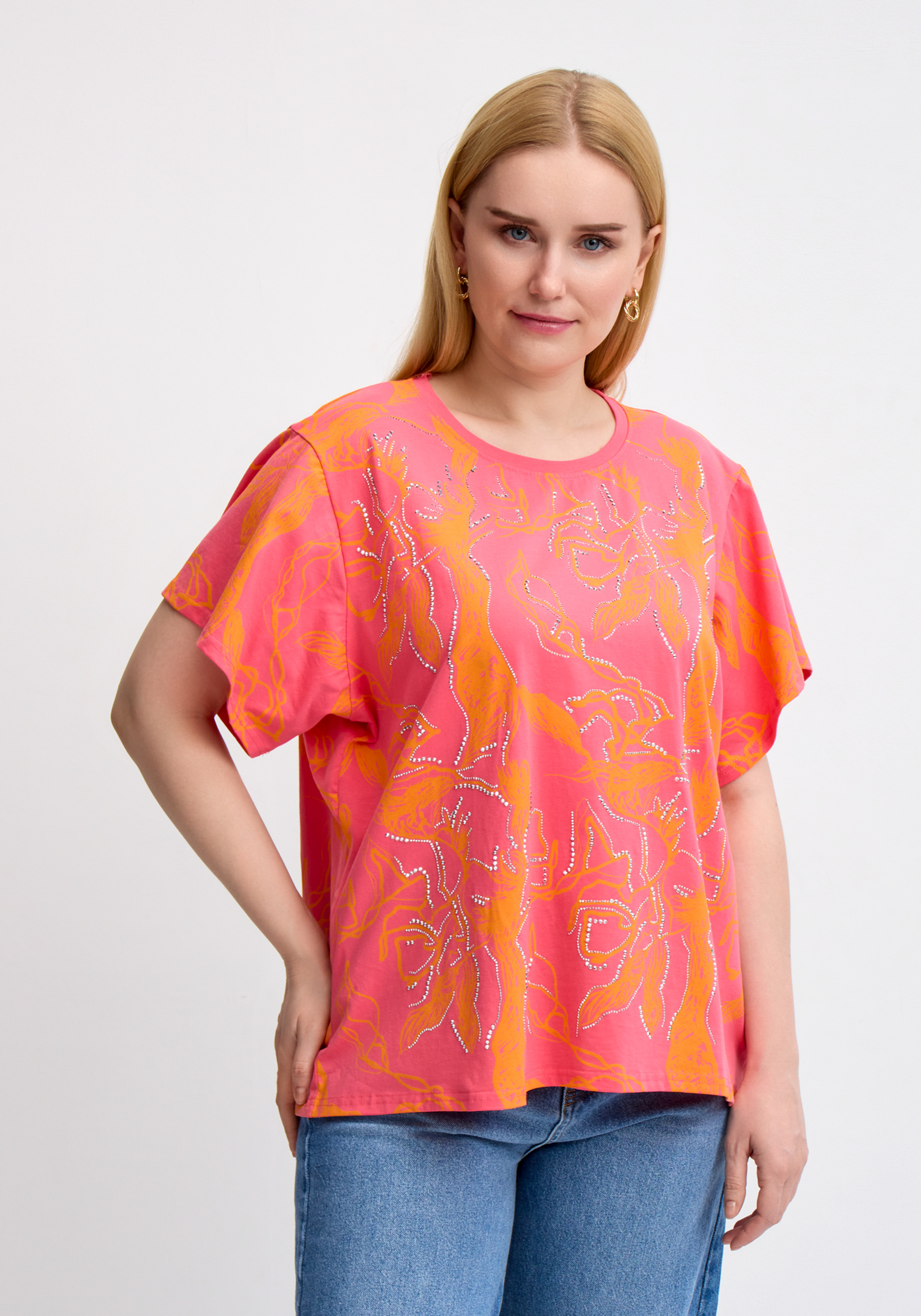 

Блуза с оригинальным принтом и стразами, Розовый