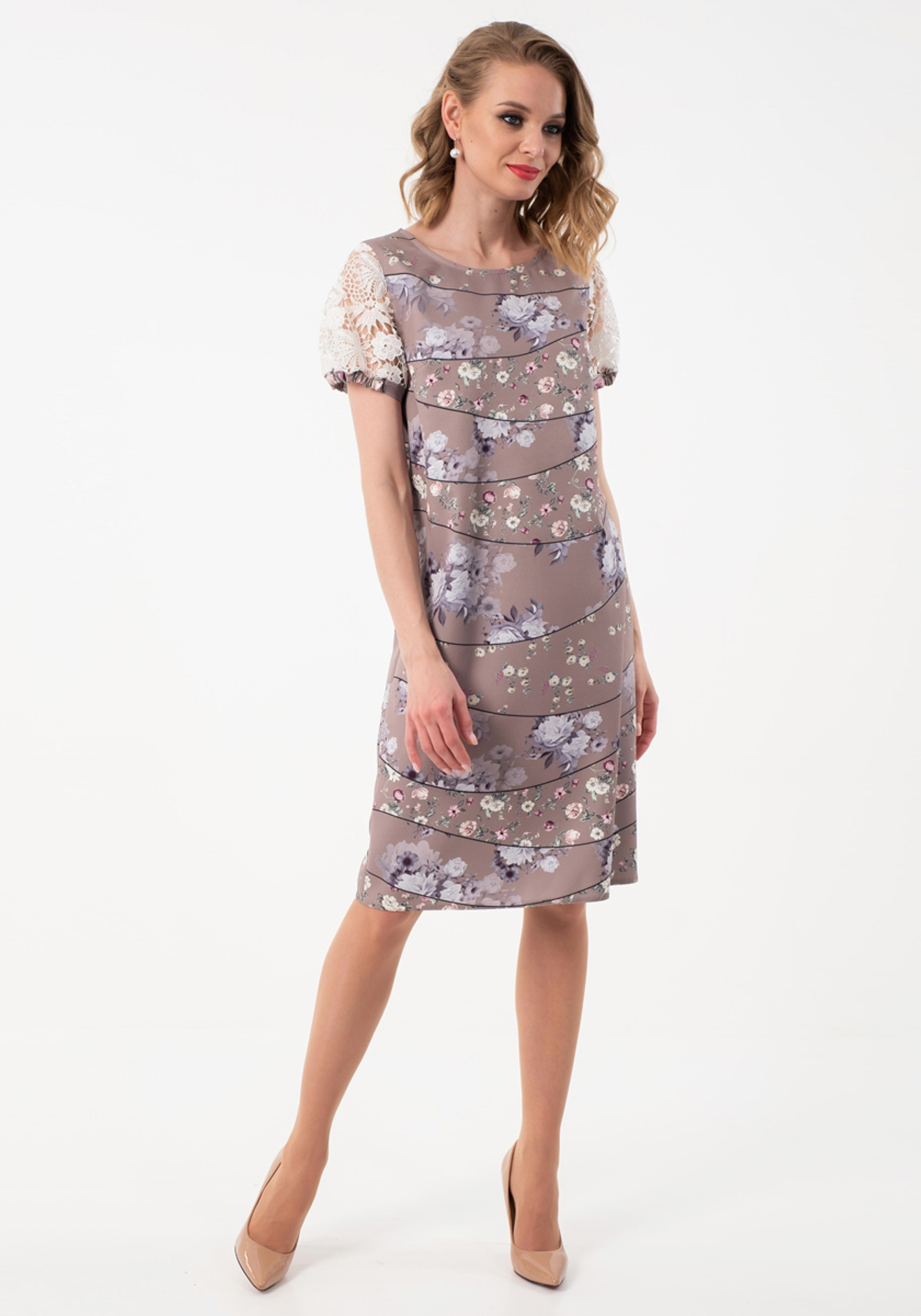 Платье с принтом и кружевными рукавами Wisell, размер 48, цвет бежевый - фото 8