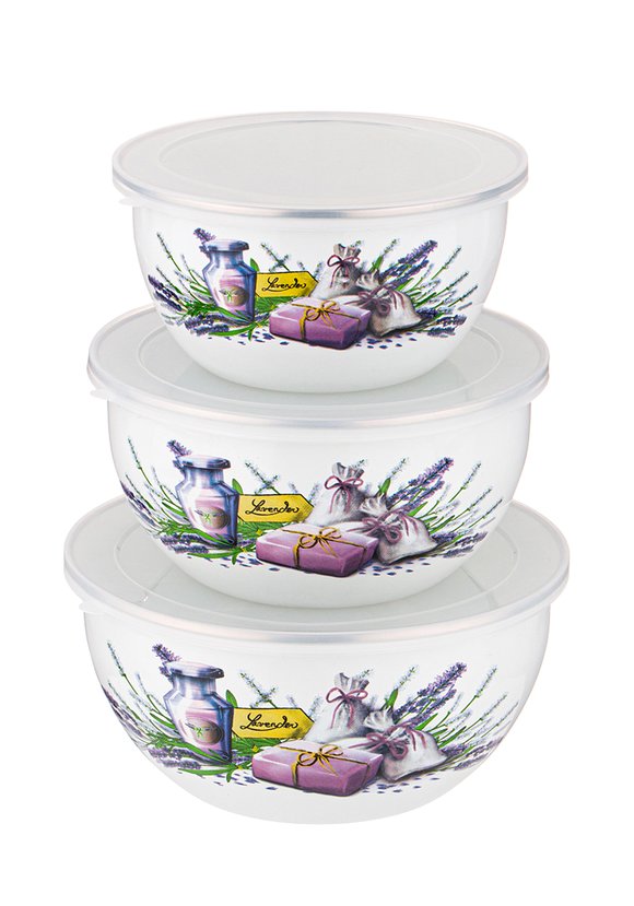 Набор из 3 эмалированных мисок с крышками шир.  580, рис. 1