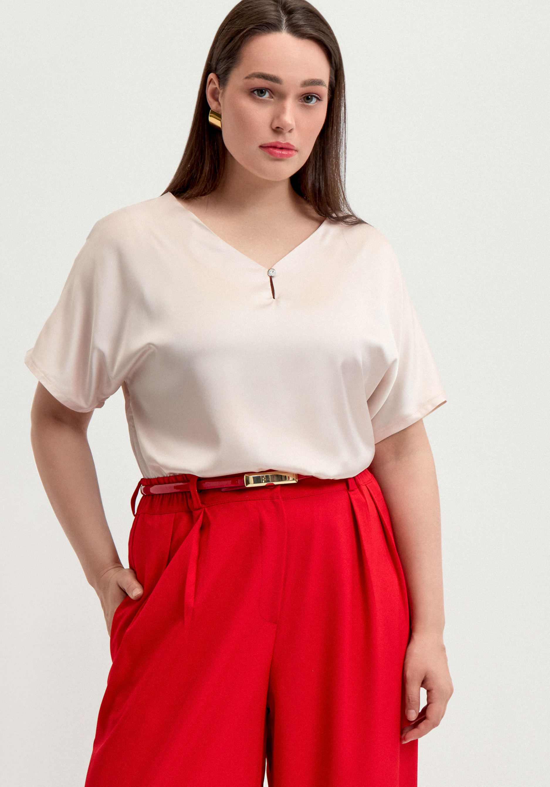 

Блуза шелковая с V-образным вырезом, Белый