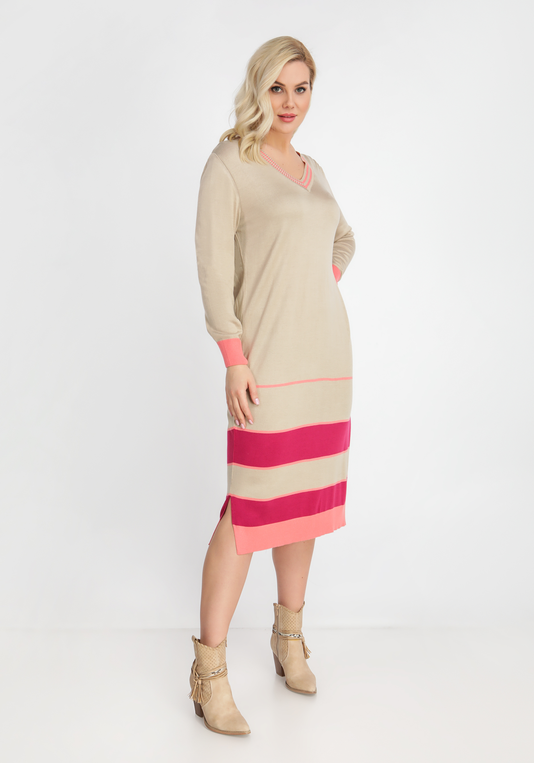 Платье с V-образным вырезом и полосками Vivawool, размер 48, цвет светло-бежевый - фото 4