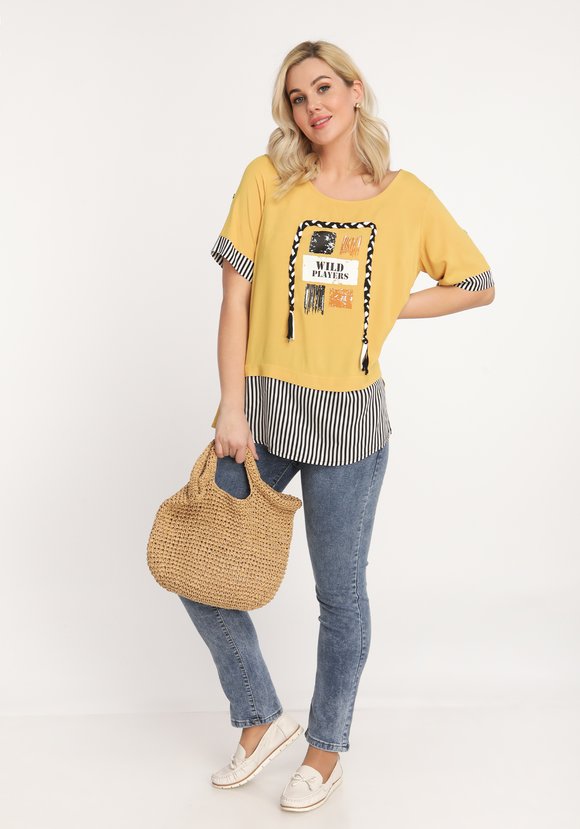 Блуза с принтом и контрастными вставками шир.  580, рис. 1