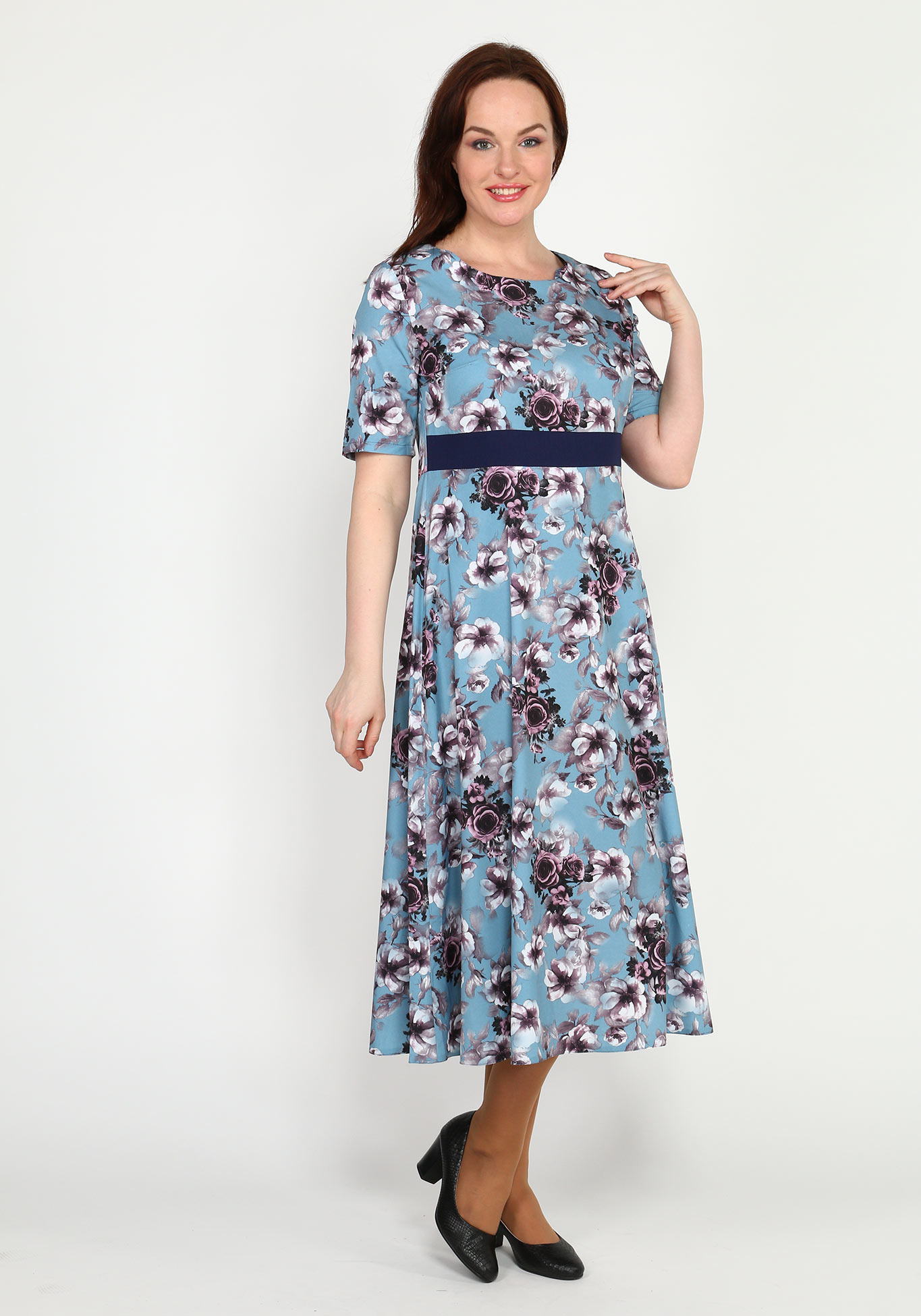 Платье с ярким рисунком и коротким рукавом Bianka Modeno, размер 48, цвет голубой - фото 1
