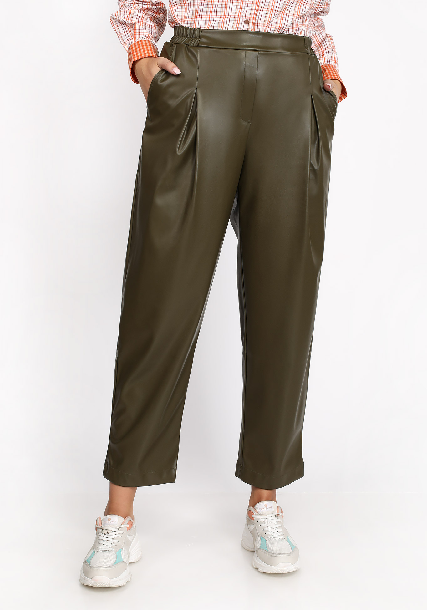 

Брюки из эко кожи со складками на поясе, Зеленый