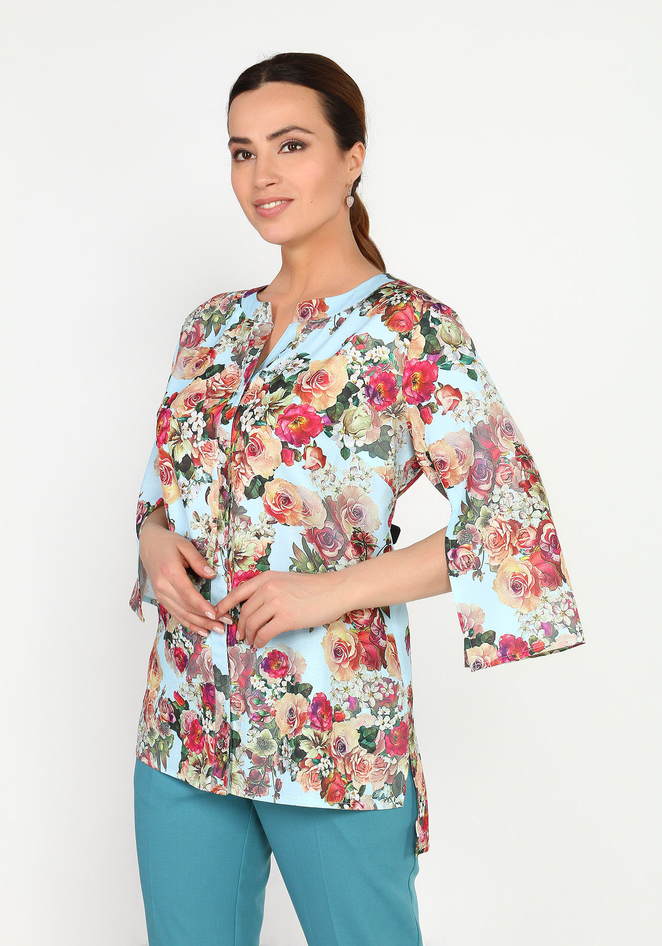 Блуза на пуговицах с оригинальными рукавами Bianka Modeno, размер 48, цвет голубой - фото 1