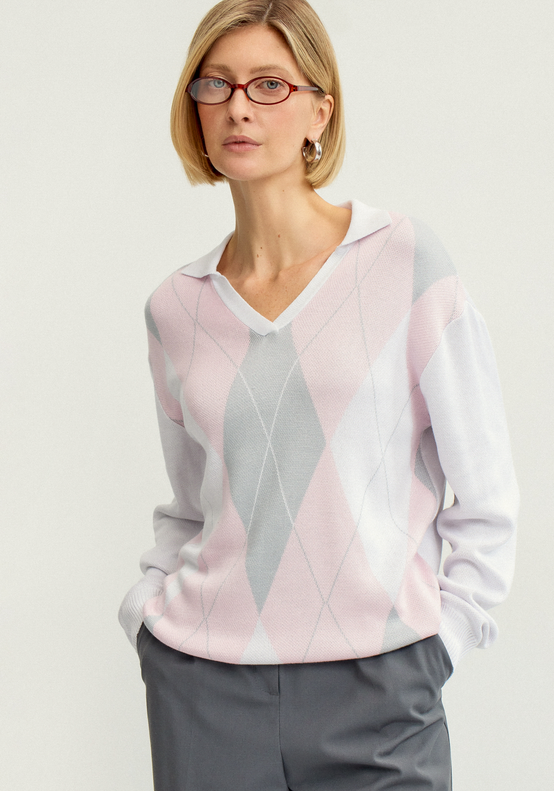 

Джемпер с воротом-поло и ромбовидным узором, Серый