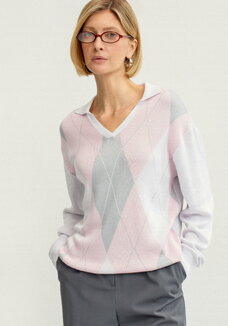 Джемпер с воротом-поло и ромбовидным узором