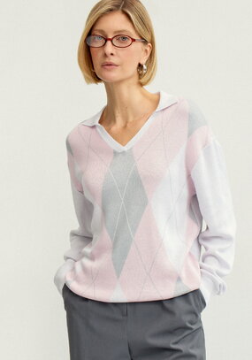 Джемпер с воротом-поло и ромбовидным узором