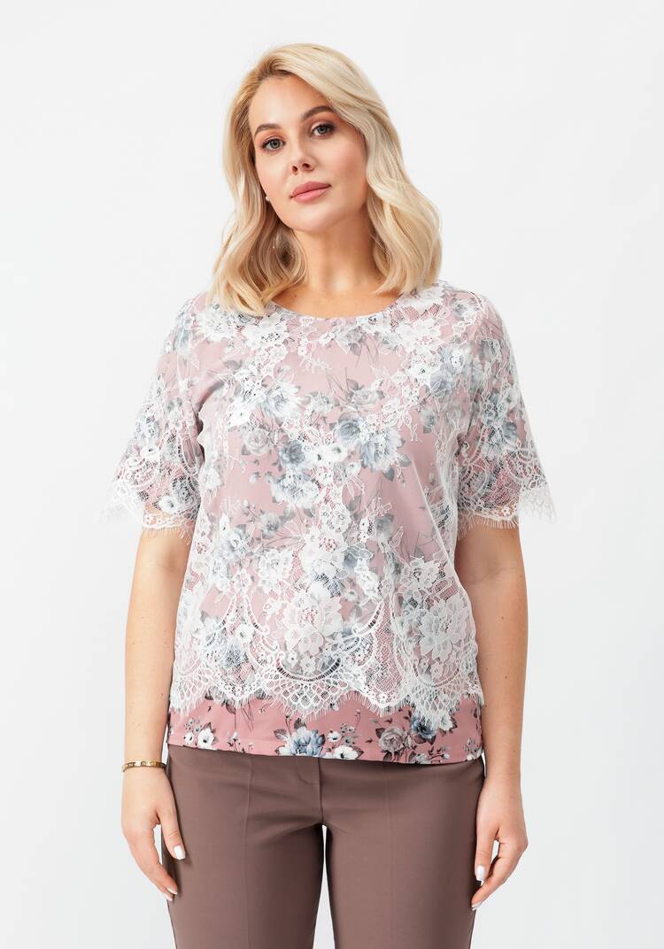 Блуза цветочная с кружевом шир.  750, рис. 4