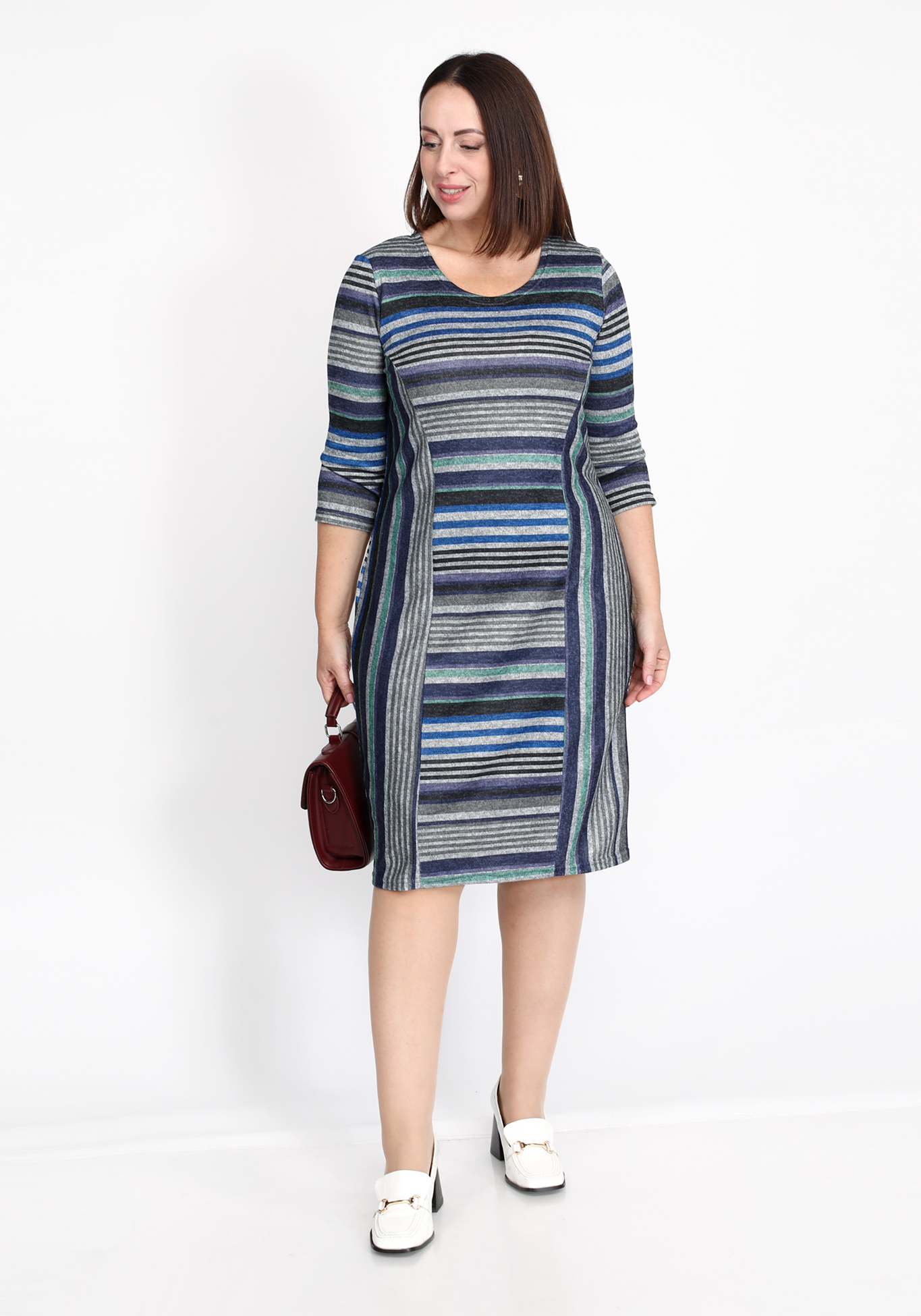 Платье прямое с принтом в полоску, размер 54, цвет сине-серый приталенная - фото 2