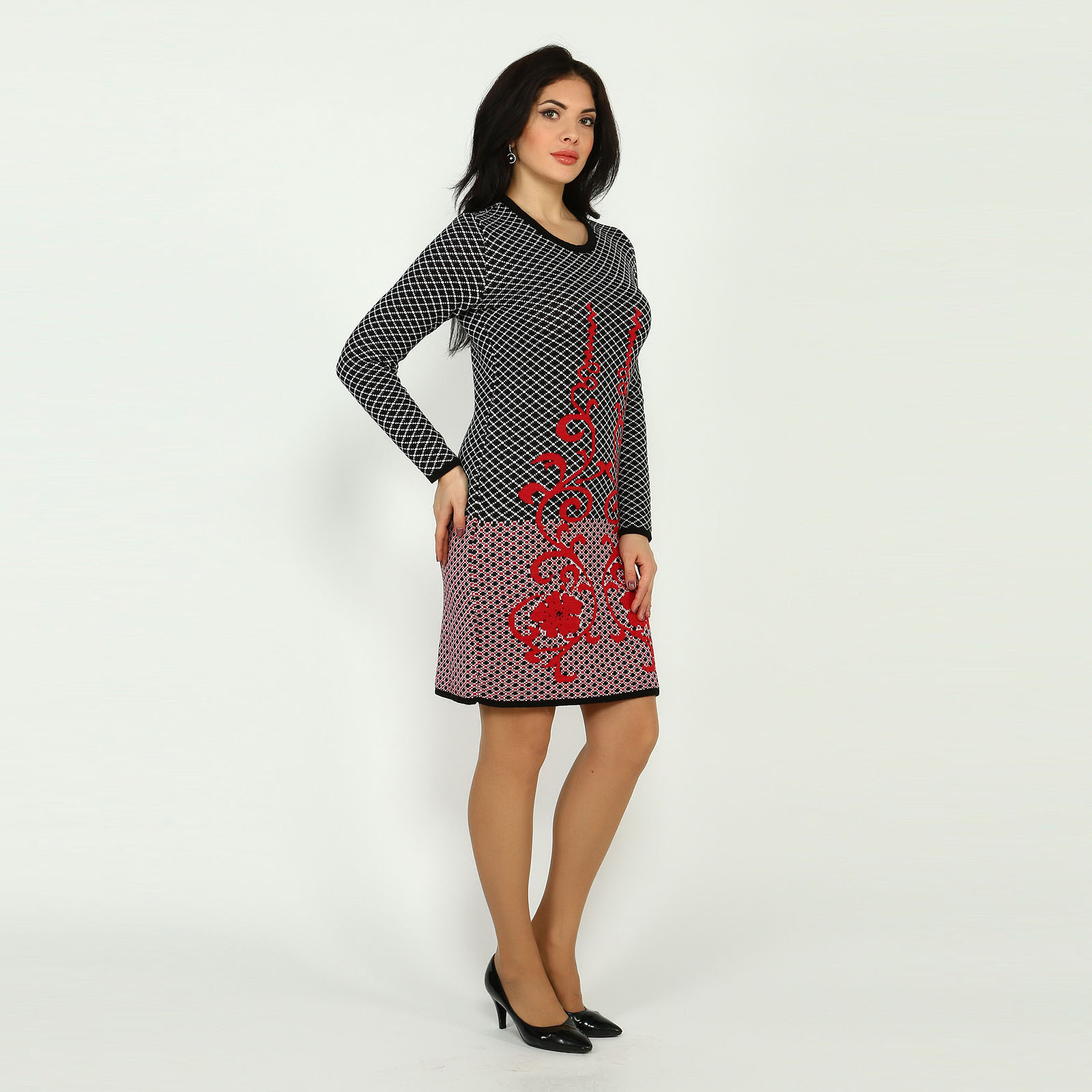 Платье-миди вязаное с узором VeraVo, размер 58, цвет черно-красный - фото 7
