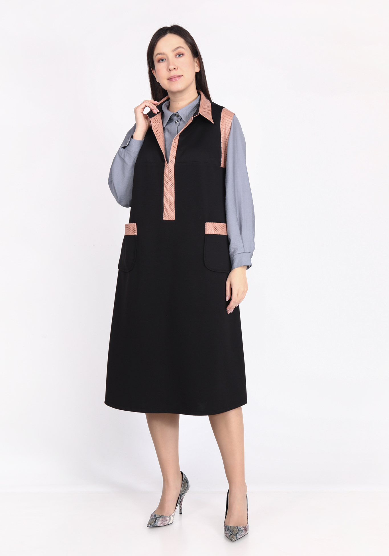 

Сарафан с отделкой из перфорированной экокожи, Черный