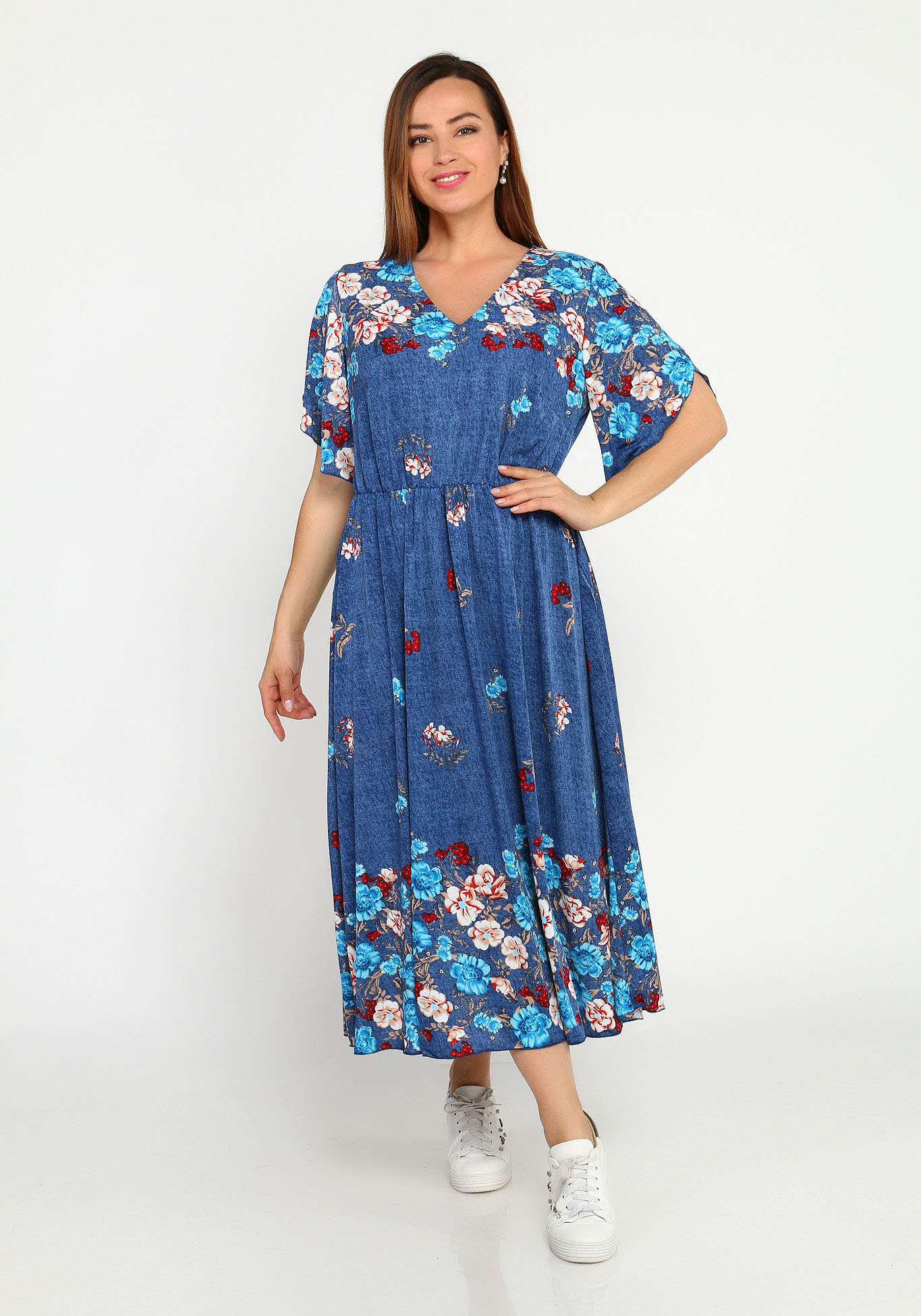 Платье с резинкой на талии и купонным принтом Bianka Modeno, размер 48, цвет голубые цветы - фото 2