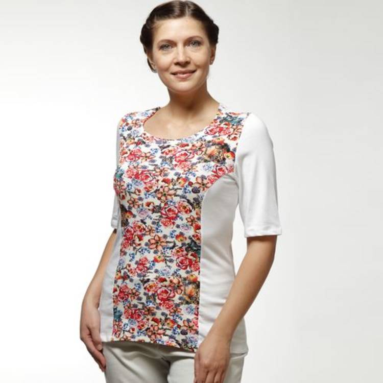 Блуза белая с коротким рукавом и цветочным принтом шир.  750, рис. 1