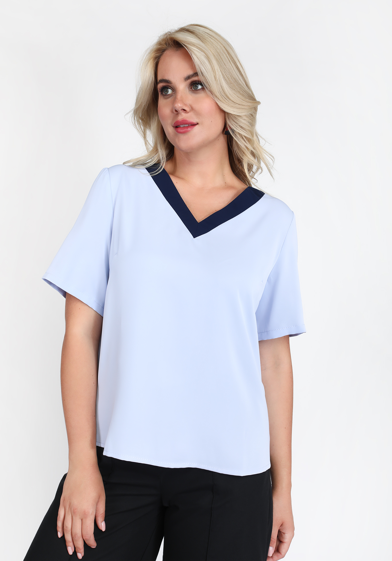 Блузка с контрастной планкой Elletto Life, размер 54, цвет голубой комфорт - фото 1