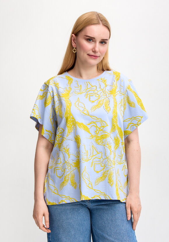 Блуза с оригинальным принтом и стразами шир.  580, рис. 4