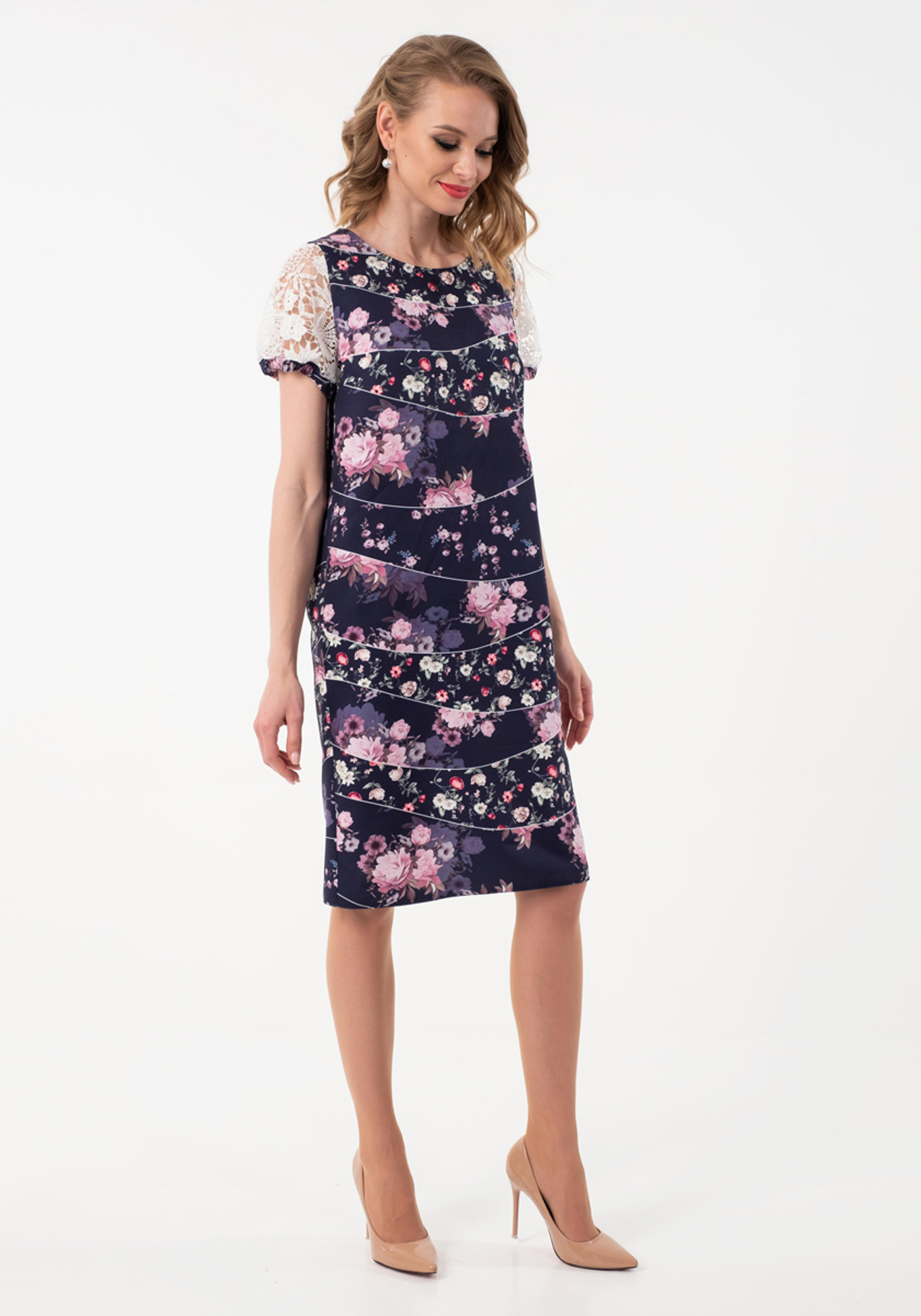 Платье с принтом и кружевными рукавами Wisell, размер 48, цвет бежевый - фото 4