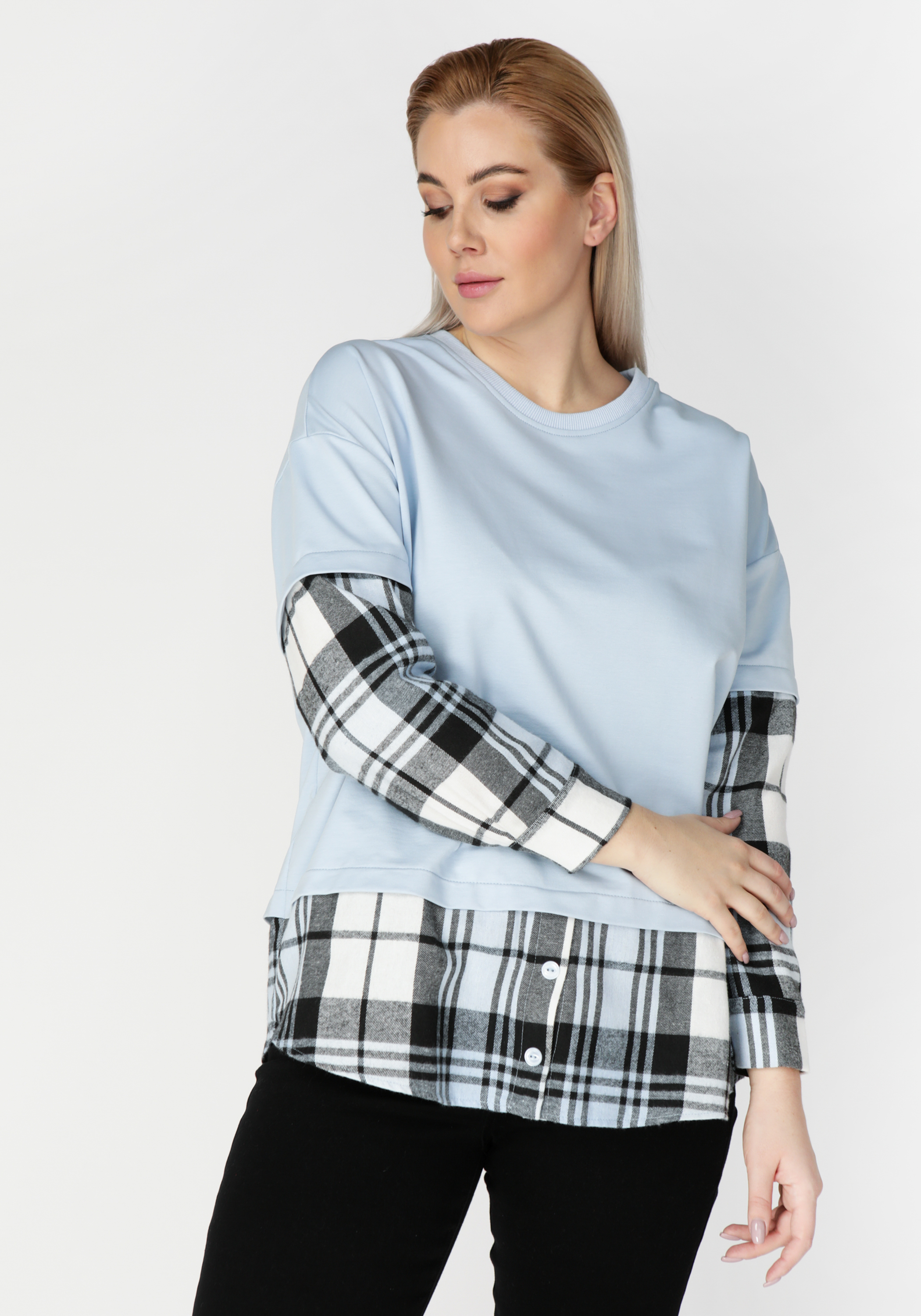 Свитшот комбинированный с принтом "клетка"