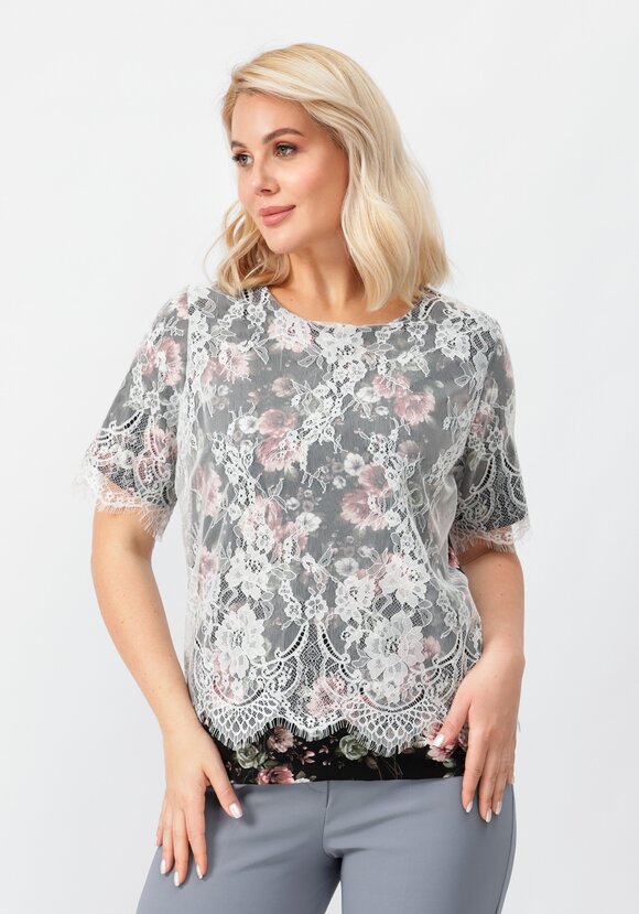Блуза цветочная с кружевом шир.  580, рис. 9