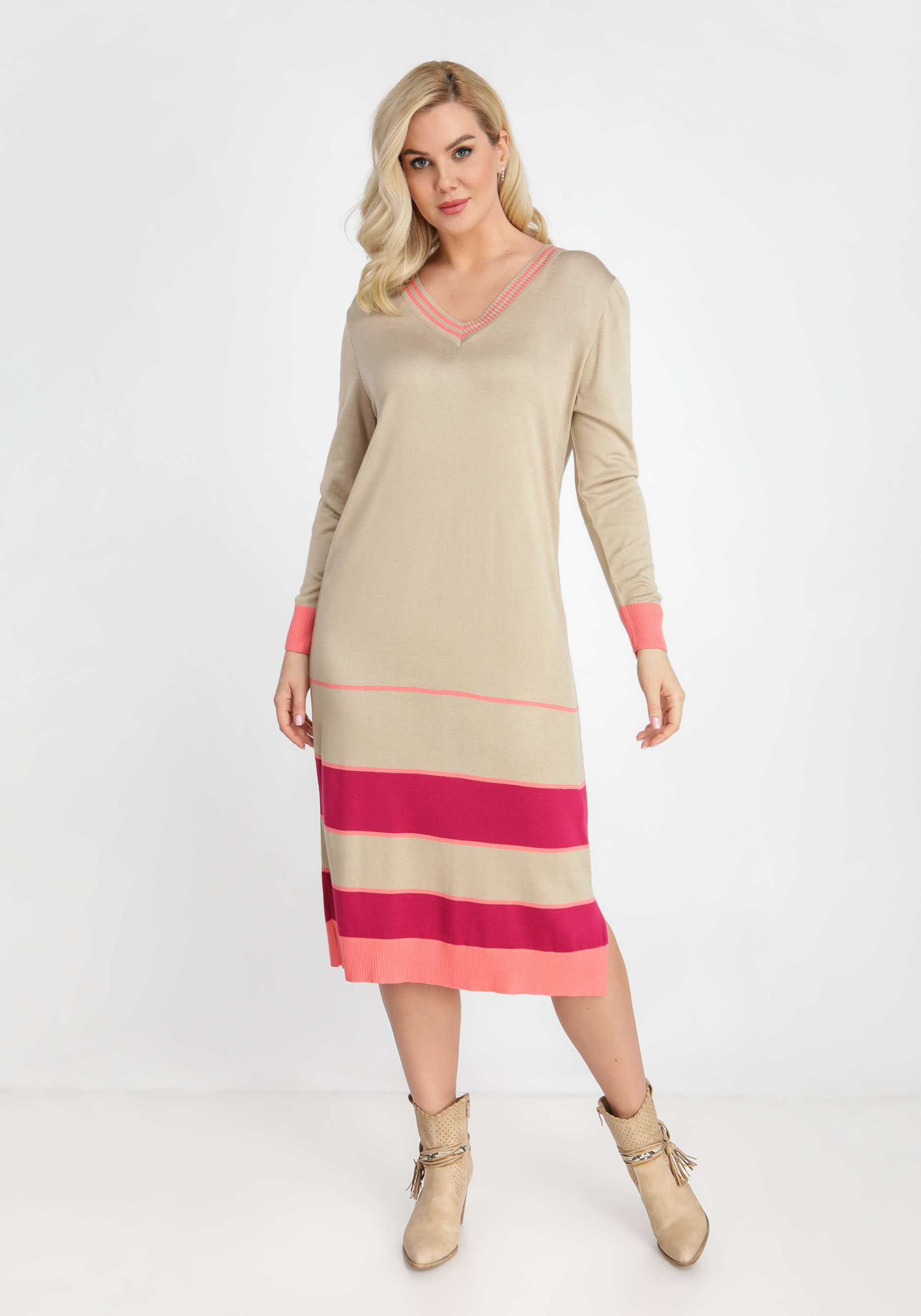 Платье с V-образным вырезом и полосками Vivawool, размер 48, цвет светло-бежевый - фото 2