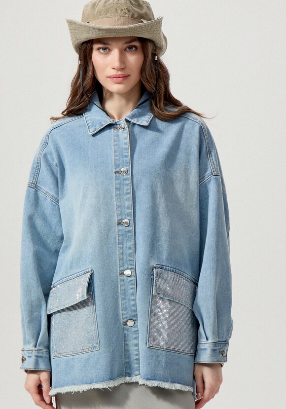 Джинсовая куртка со стразами на карманах шир.  580, рис. 4