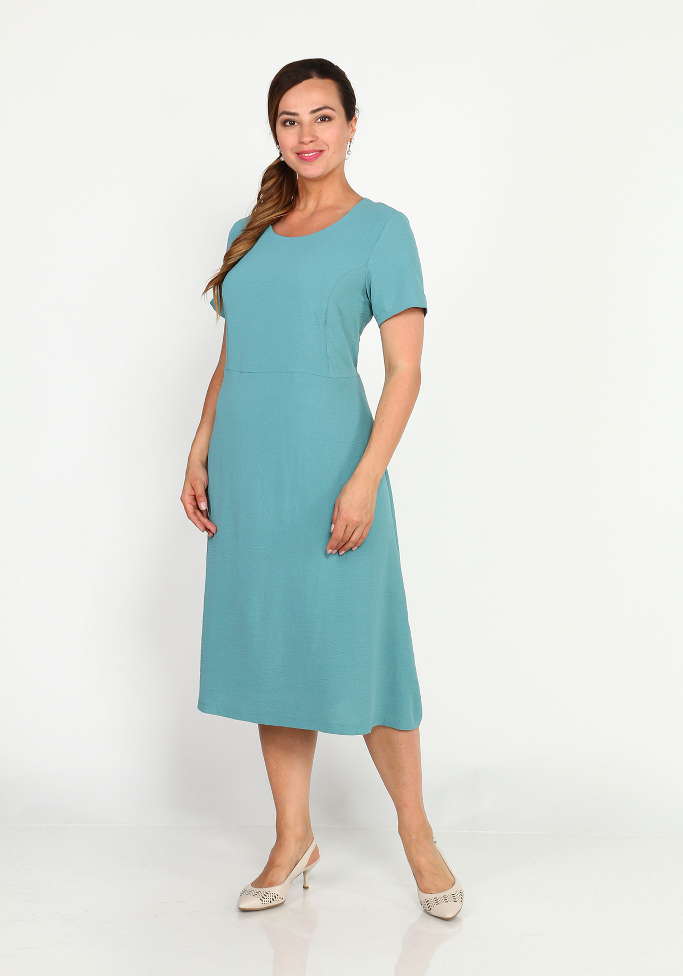 Платье с круглым вырезом и расклешенной юбкой Simple Story, размер 44, цвет голубой - фото 2