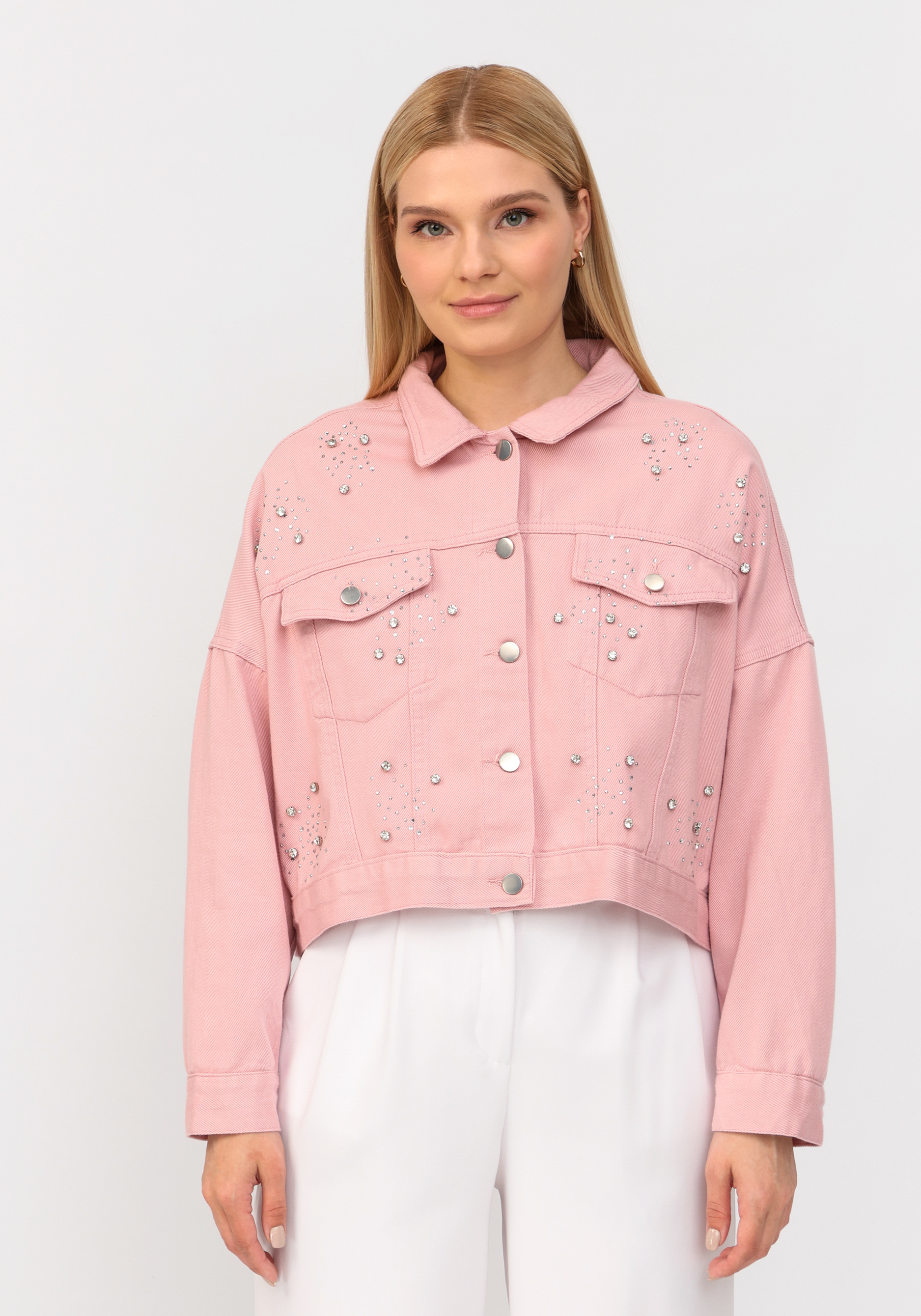 Джинсовая куртка со стразами No name, размер 52-54, цвет розовый - фото 9