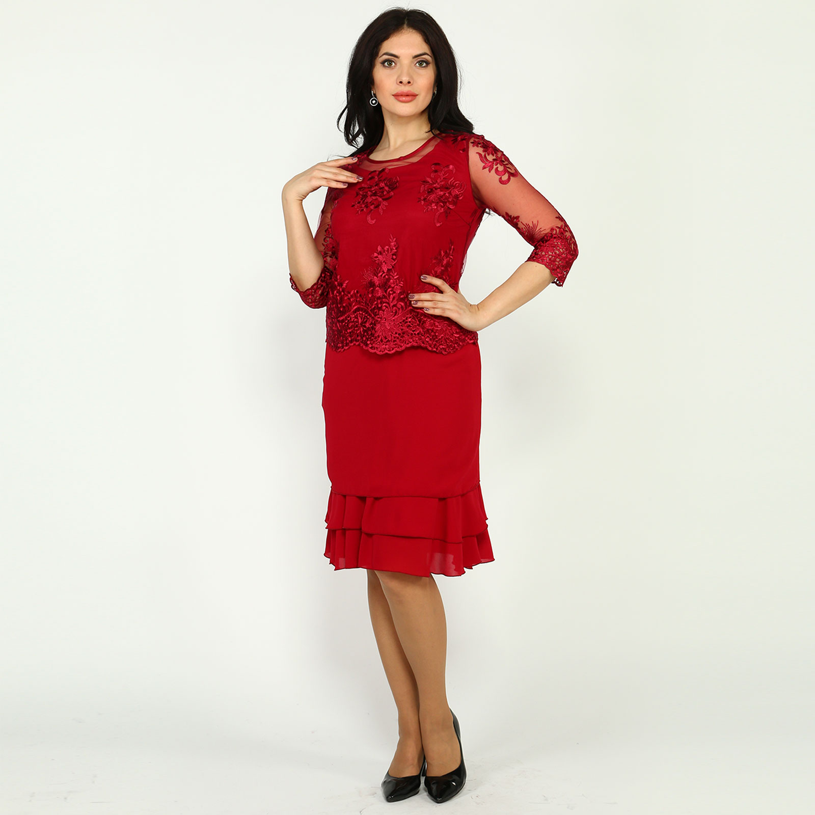 Платье элегантное с кружевным верхом Bel Fiore, размер 50, цвет красный - фото 1