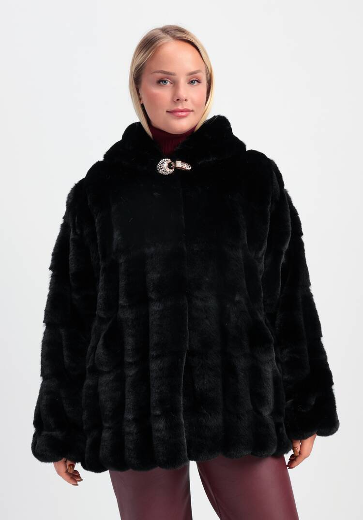 Шуба фактурная с капюшоном и брошью шир.  750, рис. 4