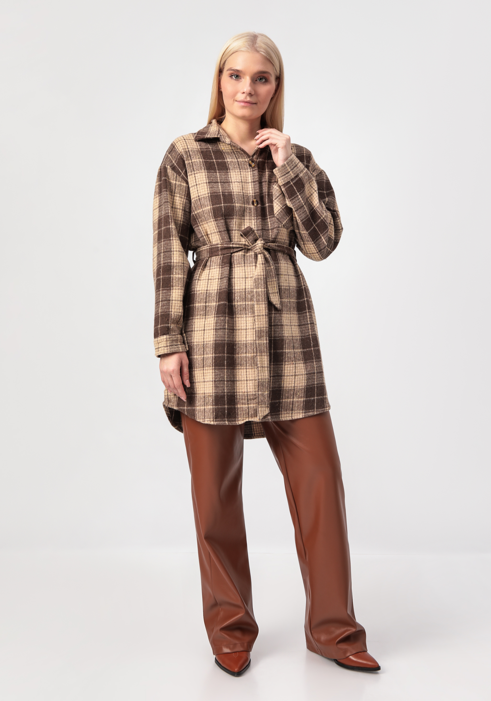 Рубашка удлиненная с поясом Alina Collection, цвет коричневый, размер 58-60 - фото 7