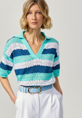 Джемпер-поло ажурный в полоску