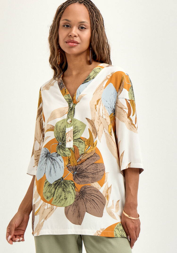 Блуза из штапеля с тропическим принтом шир.  750, рис. 9