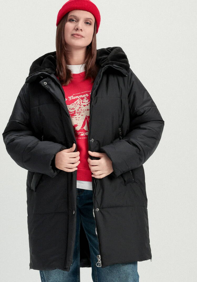 Пальто удлиненное с меховым капюшоном шир.  750, рис. 21