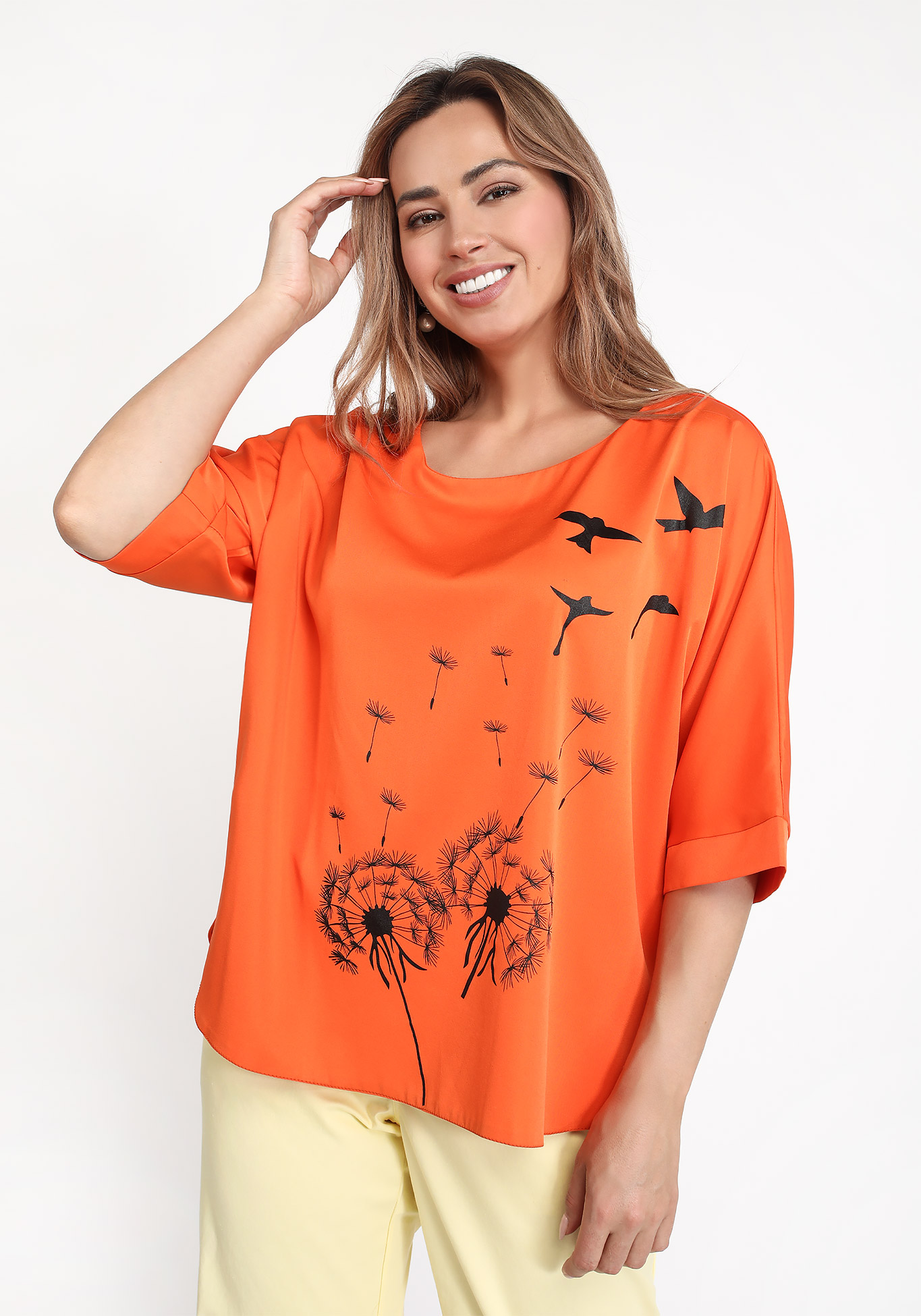 Туника с принтом одуванчик и птицы