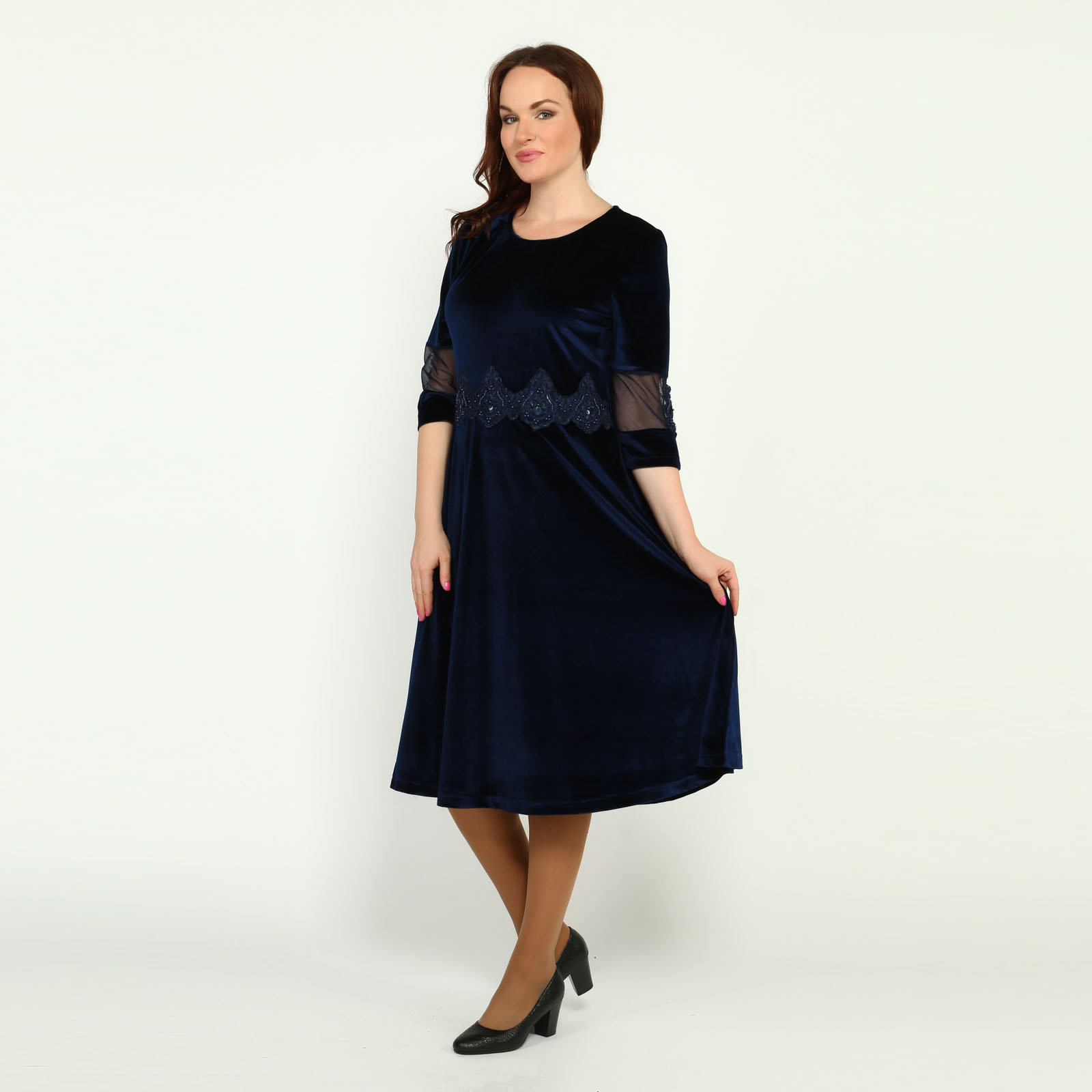 Платье бархатное с кружевными вставками Bel Fiore, размер 54, цвет темно-синий - фото 7