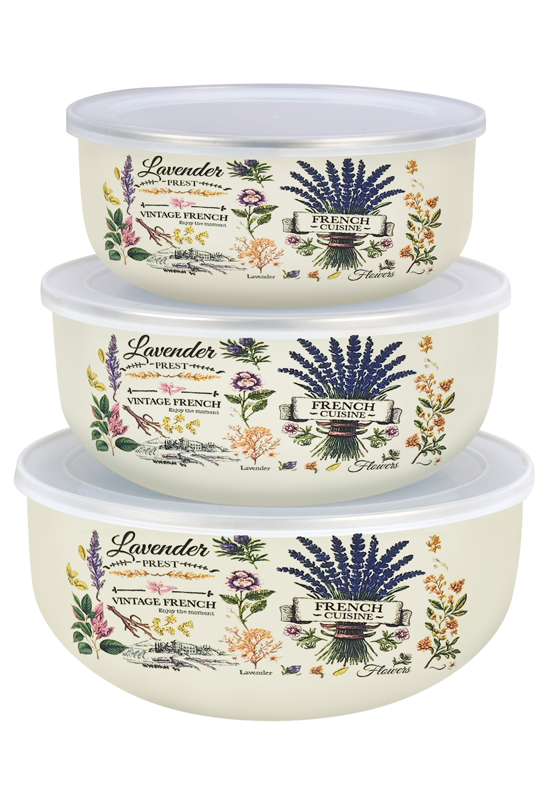 

Набор эмалированных мисок с крышками, 3 шт., Белый